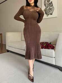 Feyla Women's Sweet Lace Patchwork Long Sleeve Mermaid Dress - Coffee Brown - View 3