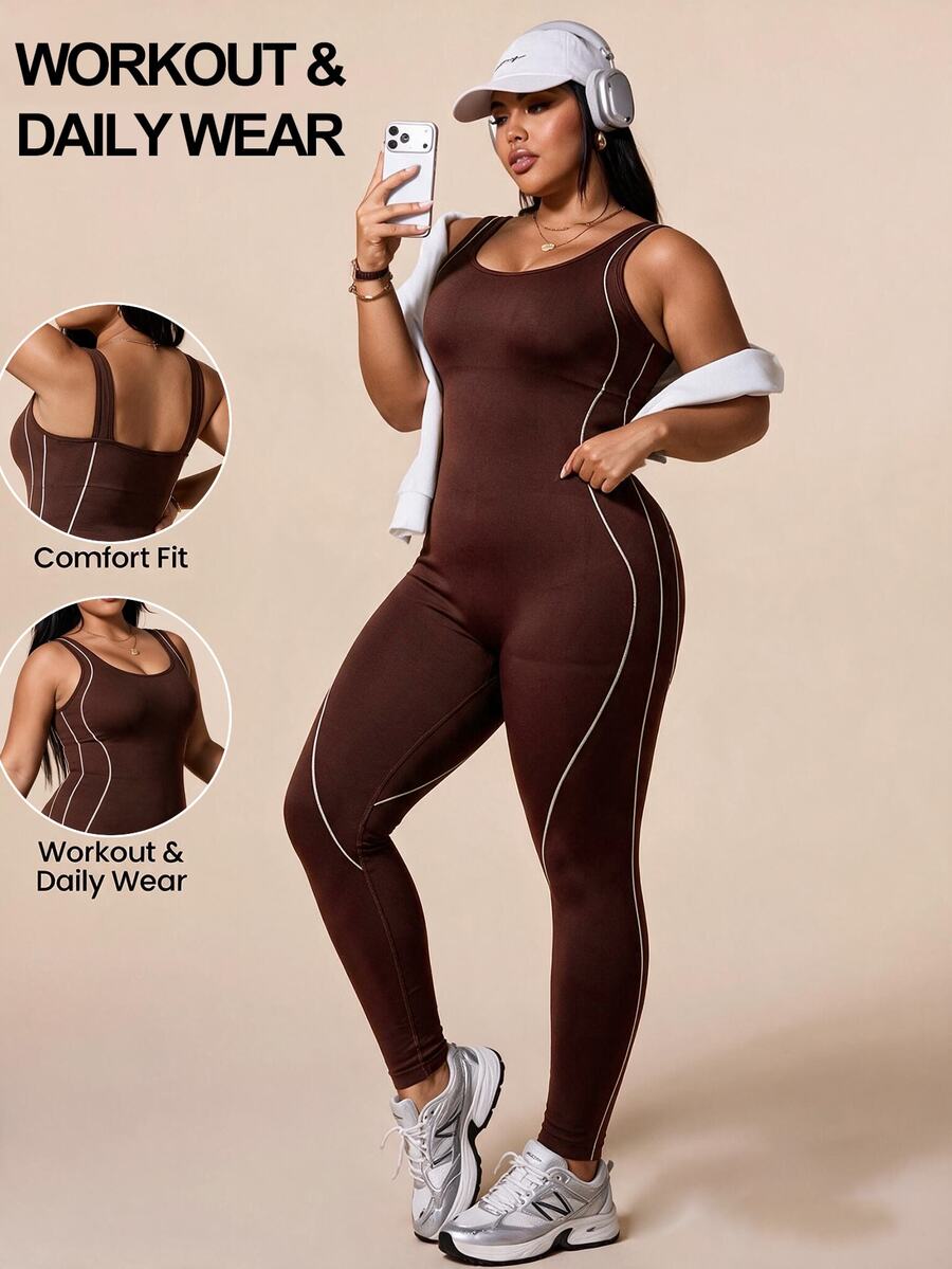 SHEIN Rhythm Era بدلة رياضية نسائية محبوكة بدون درزات مقاس كبير للجيم باللون البني للخريف بتصميم منحنيات بديلة - بني - مشاهدة 1