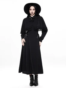 ROMWE Autumn/Winter Dark Gothic Halloween Lace Trim Vintage Elegant Waist-Cinched Maxi Dress - Black - View 5