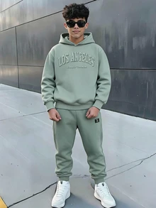 2件組兒童青少年男孩休閒大字母圖案灰色運動衫與運動長褲套裝，適合秋冬、家庭聚會、開學季、運動、玩耍、生日派對、拍照、度假、節日 - 綠色 - 查看 2