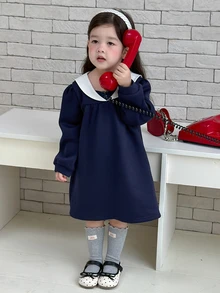 DAZY Baby Girl Long Sleeve Colorblock Collar Loose Casual Dress - Navy Blue - View 6