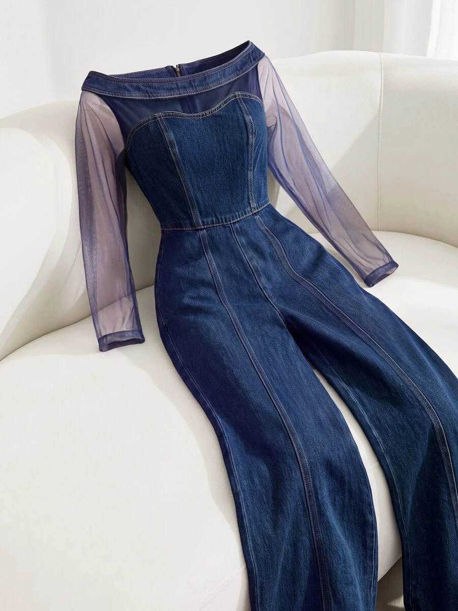 GlowEve Women's Asymmetrical Shoulder Mesh Patchwork Pleated Casual Everyday Denim Jumpsuit - Blue - View 1