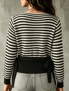 SHEIN 春秋法式裹領V領針織上衣 女款側綁腰長袖修身合身襯衫 - 黑色 - 查看 2