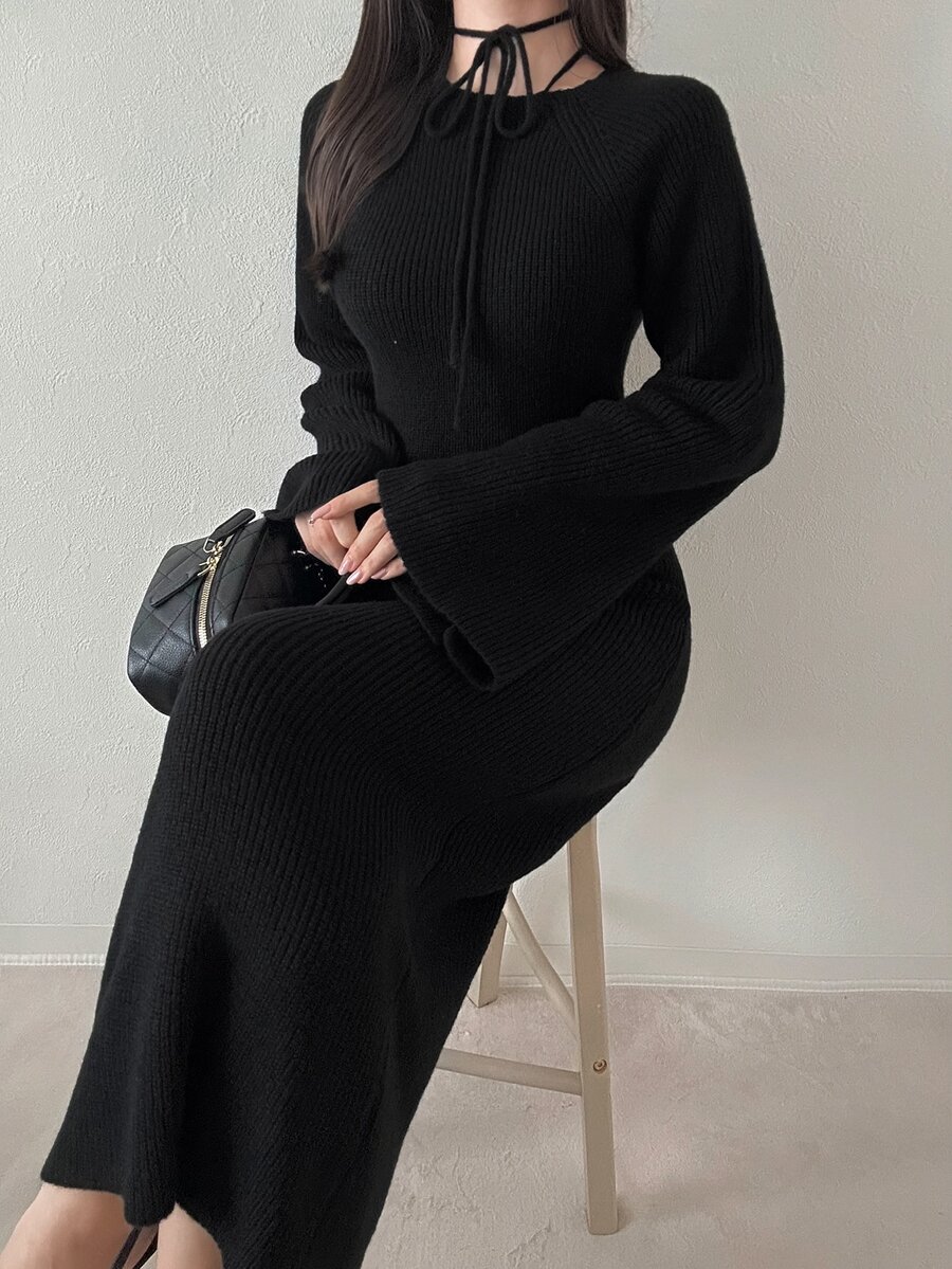 FRIFUL Women's Elegant Ribbed Long Sleeve Sweater Dress - Black - View 1