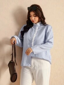 Elaquor Plus Size Women's Striped Casual Daily Wear Shirt - Blue and White - View 1