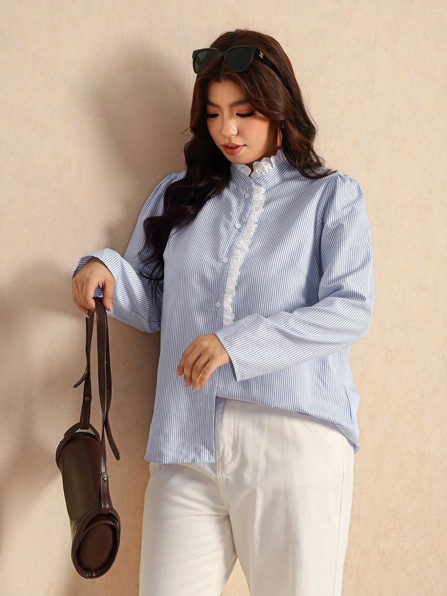 Elaquor Plus Size Women's Striped Casual Daily Wear Shirt - Blue and White - View 1