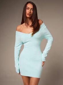 Athîral Women's Casual V-Neck Water Blue Sweater Mini Dress - Blue - View 4