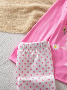 SHEIN 秋冬款女童幼兒針織圓領薄款可愛夢幻仙氣卡通圖案玫瑰紅小圓點拼接褲仙靈俏皮數位印花 4 件套長袖長褲修身舒適柔軟面料女童睡衣家居服 - 粉色 - 查看 7