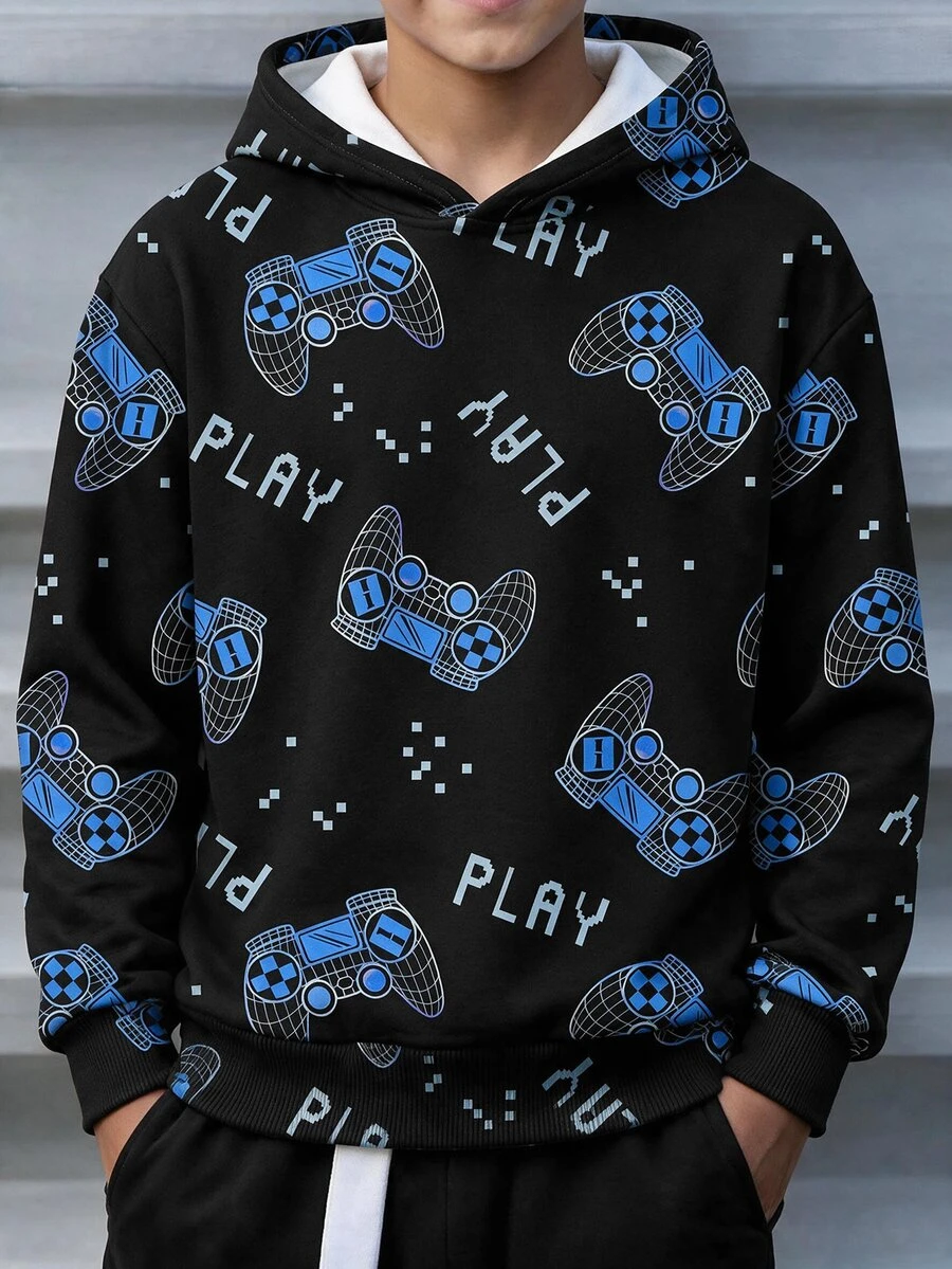 Tween Boy Casual Minimalist Loose Comfortable Long Sleeve Sweatshirt, Suitable For Autumn/Winter, Classic Retro 3D Game Controller Graphic Print - Multicolor - View 1
