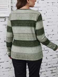 SHEIN LUNE 大尺碼極簡條紋拼色長袖休閒T恤 秋季 - 彩色 - 查看 2