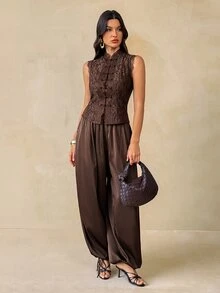 SHEIN Tall Setelan Blazer Kasual Wanita dengan Kancing Depan - Coklat - View 1