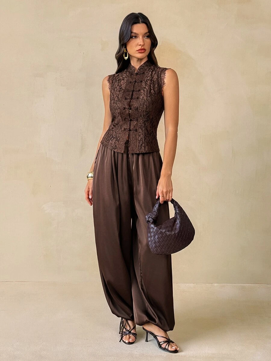 SHEIN Tall Setelan Blazer Kasual Wanita dengan Kancing Depan - Coklat - View 1