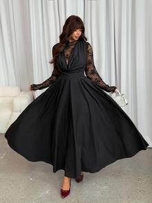GalTyme Plus Size Women's Lace Patchwork Pleated Casual Party Dress - Black - View 6