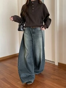 DAZY Women's Loose Casual Korean Style Rhinestone Streetwear Jeans - Blue - View 3