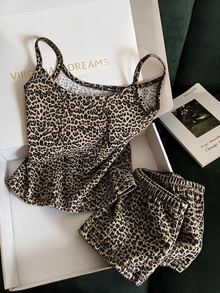 INAWLY Plus Size Women's Minimalist Fashion Casual Vacation Style Leopard Print Camisole Top And Shorts Set - Coffee Brown - View 2