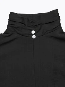 Balvessa Elegant High Neck Button Asymmetrical Hem Shirt - Black - View 4