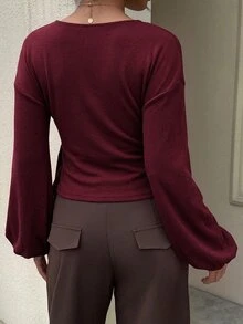 Siren Gaze 女款休閒純色收腰T恤，秋冬春季波爾多紅/酒紅 - 酒紅色 - 查看 2