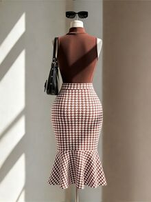 Fine & Folde Women's Houndstooth Casual Versatile Daily Skirt - Coffee Brown - View 2