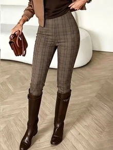 SHEIN LUNE بنطال طويل كاجوال بنمط مربعات بقصة ضيقة للنساء - متعدد الألوان - مشاهدة 4