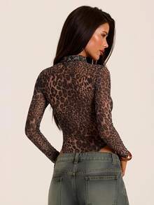 SHEIN BAE Women's Sheer Leopard Print Long Sleeve Bodysuit - Khaki - View 2