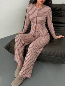 SHEIN PETITE 2件組女款休閒條紋前開扣長袖上衣與寬腿長褲套裝，春夏款 - 粉色 - 查看 7