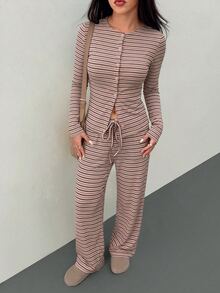 SHEIN PETITE 2件組女款休閒條紋前開扣長袖上衣與寬腿長褲套裝，春夏款 - 粉色 - 查看 6