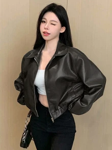Joudiya 秋冬款女款純色棕色PU短版休閒街頭機車皮夾克 - 巧克力棕 - 查看 1