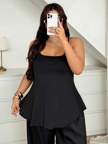 SHEIN CURVE+ Plus Size Knitted Round Neck Cinched Waist Ruffle Hem Sexy Lace French Style Commuter Versatile Camisole - Black - View 3