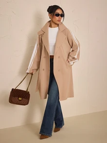 SHEIN PETITE Jaket Trench Coat Kasual Serbaguna dengan Ikat Pinggang dan Desain Blok Warna untuk Wanita - Khaki - View 7
