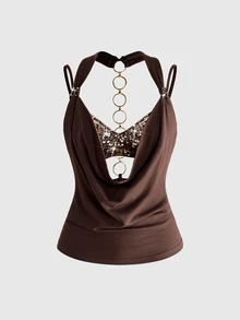 ROMWE Women's Y2K Sexy Deep V Retro Cowl Neck Sequin 2 Pieces Backless Halter Tank Top (Includes Sequin Inner Layer) - Brown - View 1