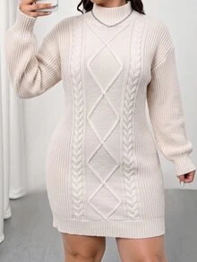 Elenzga 大尺碼純色立領扭繩編織刺繡長袖修身針織洋裝，適合秋冬女裝 - 杏色 - 查看 6