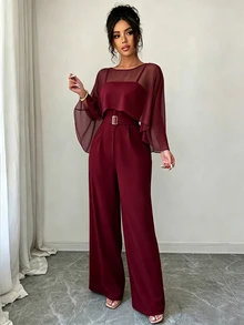 SHEIN Raffinéa Women's Elegant Spaghetti Strap Jumpsuit With Mesh Cape Top Set - Burgundy - View 5