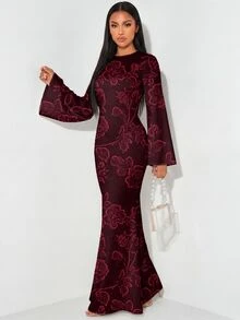 Veilorie Robe élégante pour femmes avec imprimé rose, manches longues, dos évasé, taille nouée et ourlet en queue de poisson - Blanc - Voir 2