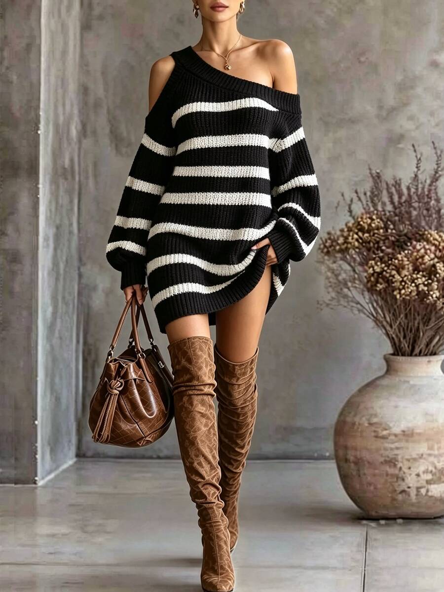 SHEIN Women's Striped Asymmetrical Neck Long Sleeve Fashion Knit Dress - Black - View 1