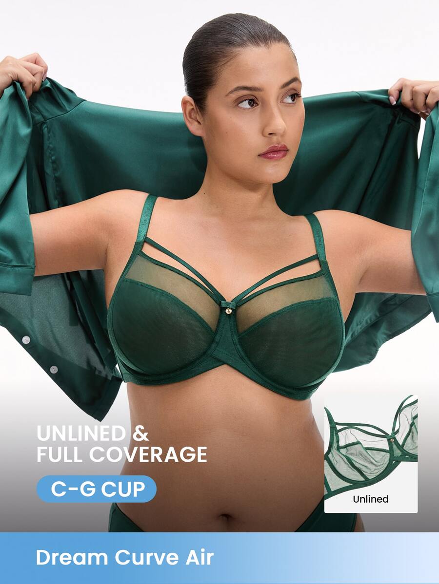 LUVLETTE Plus Dream Curve Air Unlined Full Coverage Side Support Airy Christmas Green Mesh Basic Breezy Comfort Minimizer Bra - Dark Green - View 1