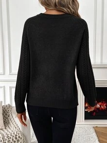 SHEIN 女款純色鏤空圓領長袖休閒套頭針織衫 - 黑色 - 查看 2