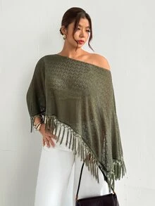 Firerie ملابس علوية نسائية مقاس كبير بتصميم مفرغ وكتف غير متماثل مع حافة مزينة بالشرابات من الصوف المحبوك - أخضر داكن - مشاهدة 6