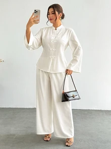 Firerie Plus Size Vintage Frog Button Long Sleeve Shirt And Loose Pants 2 Pieces Set - Beige - View 7