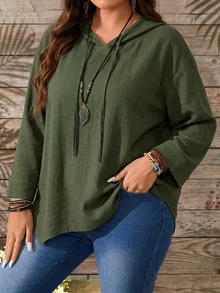 EMERY ROSE Plus Size Women's Lolicis Hooded Drawstring Long Sleeve Asymmetrical Hem Blouse Loose Casual Artistic Style Pullover Hoodie Fall - Army Green - View 5