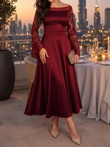 Velvienne Women's Plus Size Solid Color Collar Lace Patchwork Elegant Party Dress, Lace Long Sleeve Patchwork Dress - Burgundy - View 4