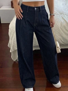 Dazy Plus High Waist Washed Blue Pleated Wide Leg Jeans, Loose Fit Versatile Long Pants, All Season Style Going Out Office Casual Fall - Dark Wash - View 5