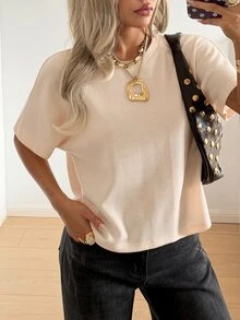 SHEIN EZwear 女款都會風華夫格針織短袖T恤，休閒款 - 杏色 - 查看 6
