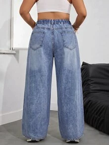 SHEIN EZwear 大尺碼女款高腰口袋寬腿鬆垮休閒百搭牛仔褲 - 藍色 - 查看 2