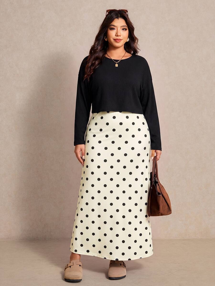 Elaquor Plus Size Women's Solid Color Long Sleeve Top And Polka Dot Skirt 2 Pieces Set Fall - Black and White - View 1