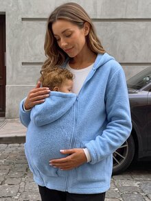 SHEIN Elegant Casual Loose Fit Home Fleece Solid Color 3-In-1 Multifunctional Maternity Jacket Fall Homewear Holiday Light Blue - Blue - View 5