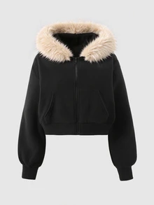 SHEIN 青少年女孩針織黑色抓絨連帽毛領前開襟休閒運動衫 - 黑色 - 查看 3