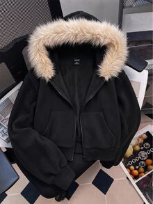 SHEIN 青少年女孩針織黑色抓絨連帽毛領前開襟休閒運動衫 - 黑色 - 查看 6