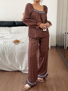 Napfluff Women's Vintage Square Neck Plaid Contrast Color Ruffle Trim Pajama Set - Brown - View 5