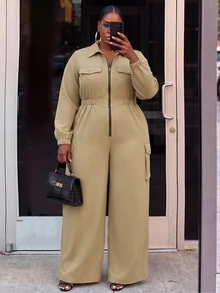 Slaydiva Plus Size Functional Style Cargo Jumpsuit, Long Sleeve Front Zipper Multi-Pocket Loose Streetwear One-Piece - Khaki - Khaki - View 9