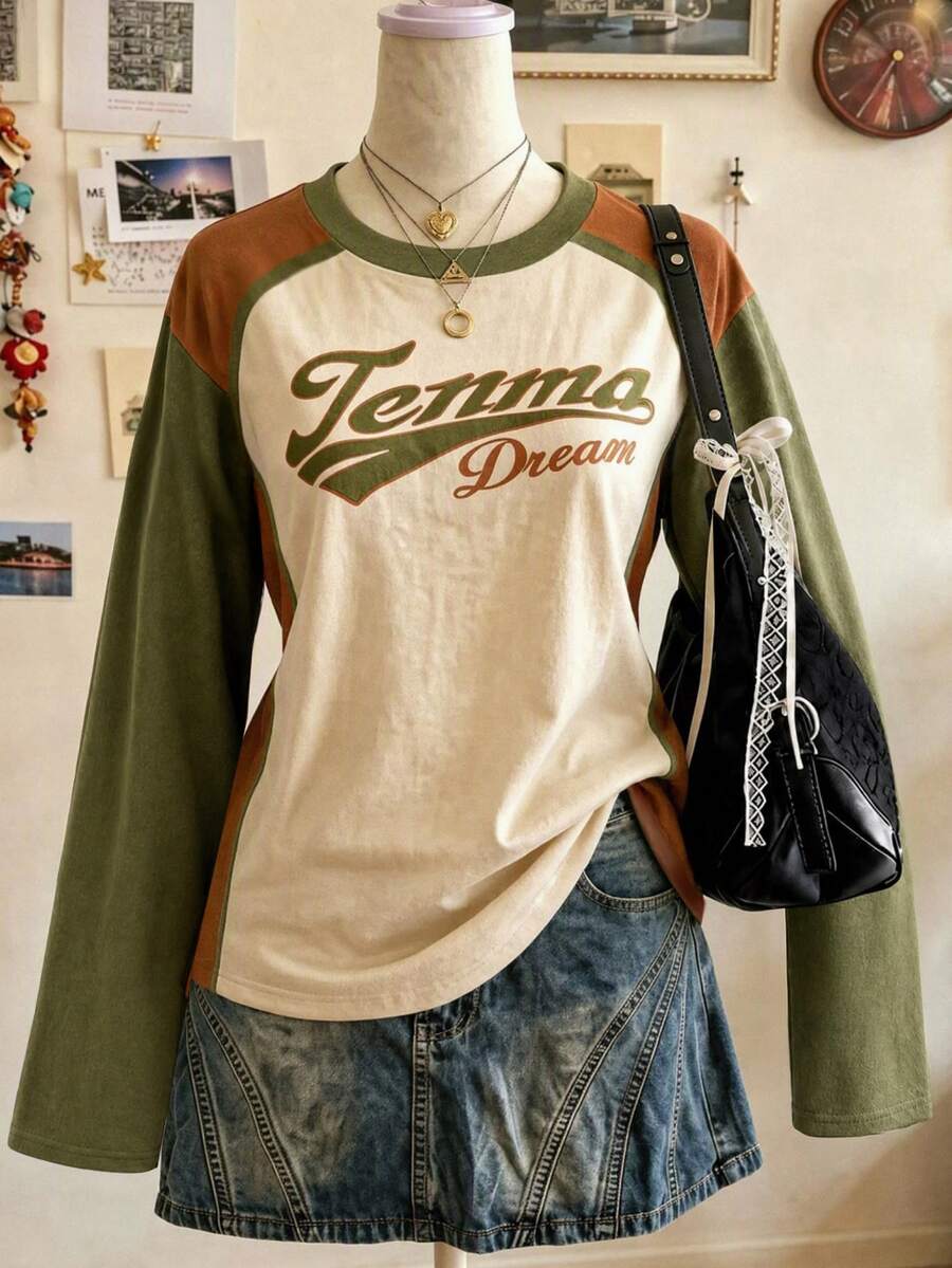 Collagica Collagica Women's Letter Print Long Sleeve Casual Loose Fit T-Shirt - Multicolor - View 1
